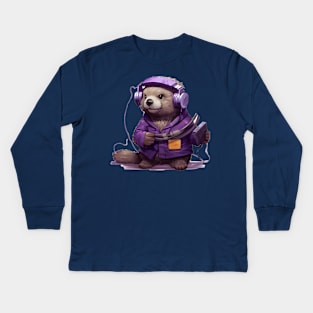 Kawaii otter listen music on the Purple tape cassette with cute face in cartoon style Kids Long Sleeve T-Shirt